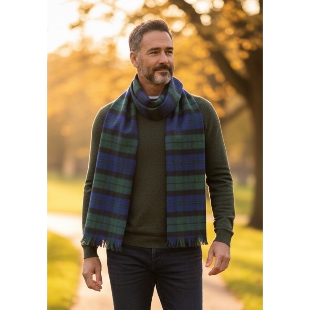 Paco Rabanne Men's Vintage Navy Blue/Green Plaid 100% Lambswool Scarf 12" x 50"